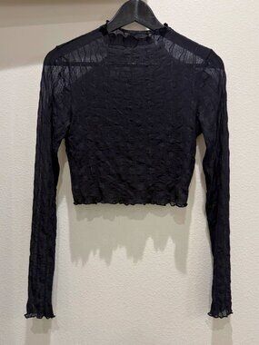Women's n/t Sheer Patterned Mock Neck Sheer Mesh Long Sleeve Layering Top Black